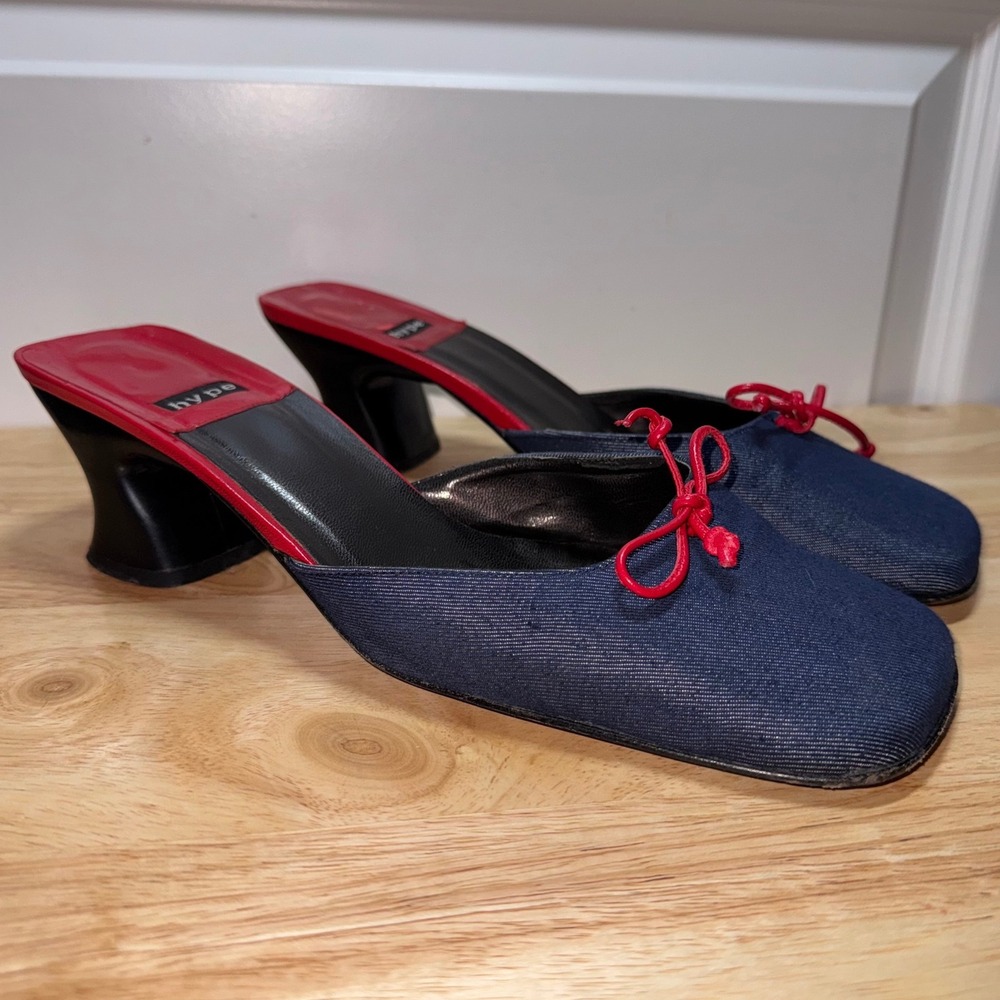 Hype Vintage Y2K Denim Square Toe Mule Heels Navy Blue Red Bow Size 9M
